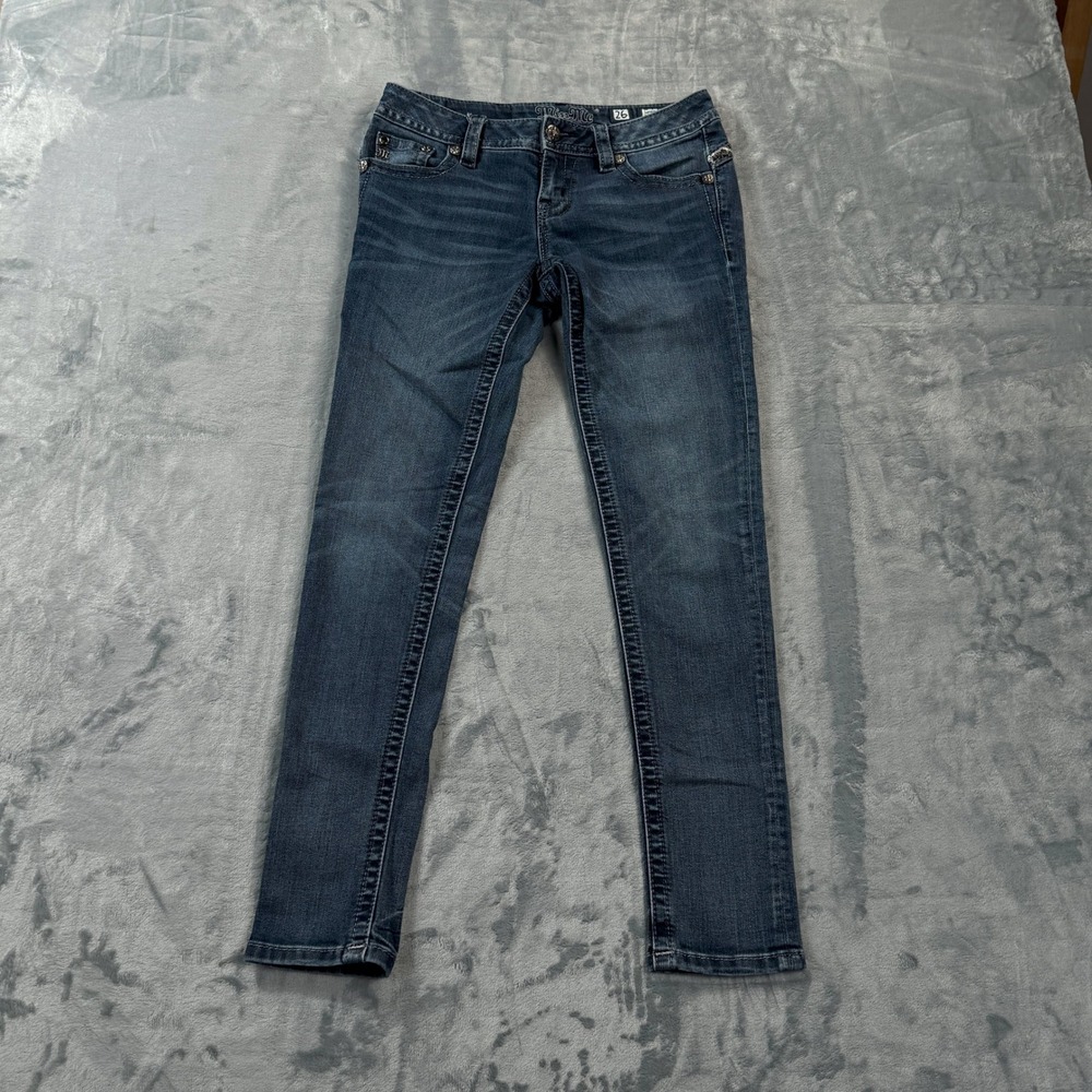 Miss Me Signature Skinny Jeans Dark Wash Flap Pocket Denim Womens 26 Measures 28